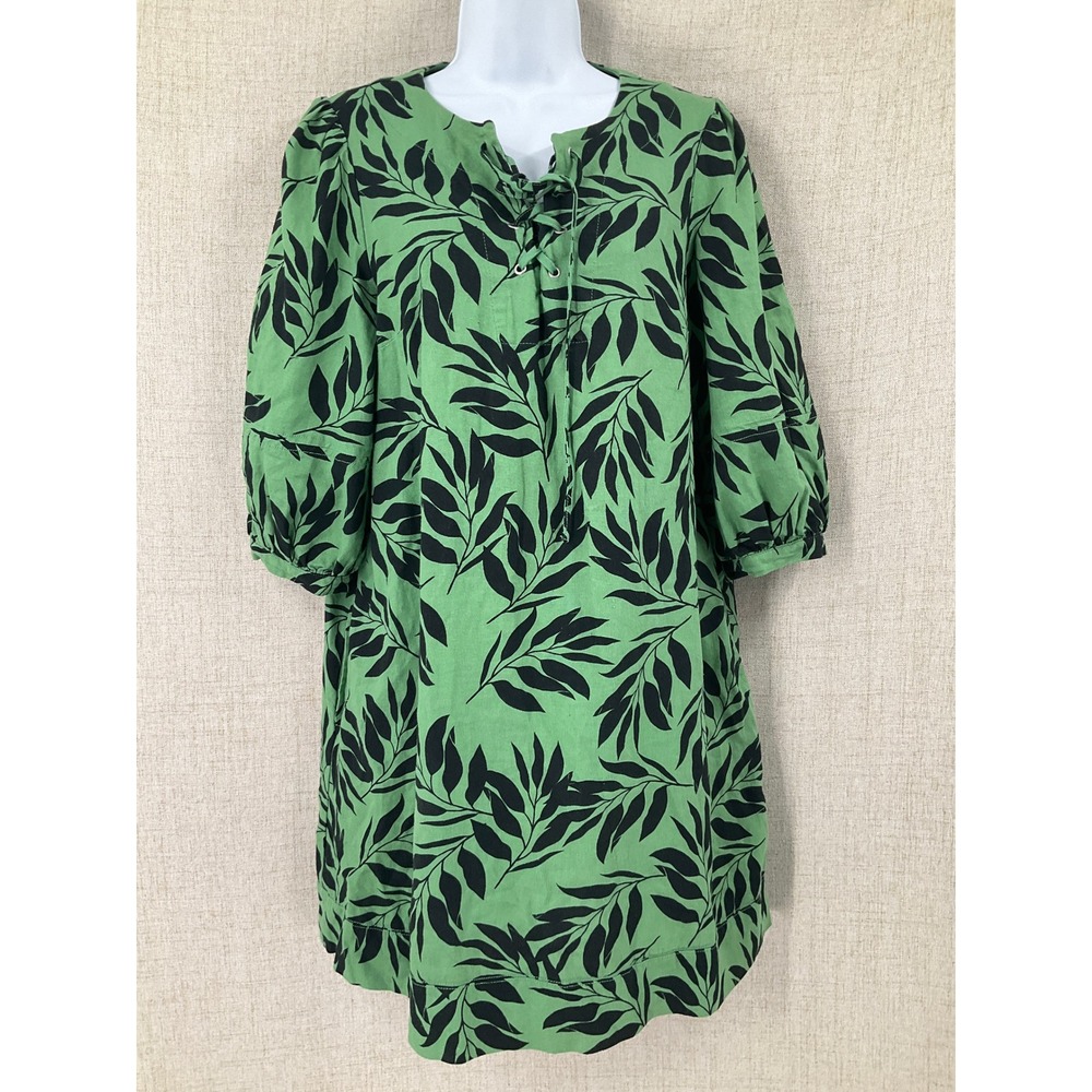 Who What Wear Dress Womens Small Green Linen Leaf Print Lace Up Puff Sleeve Boho
